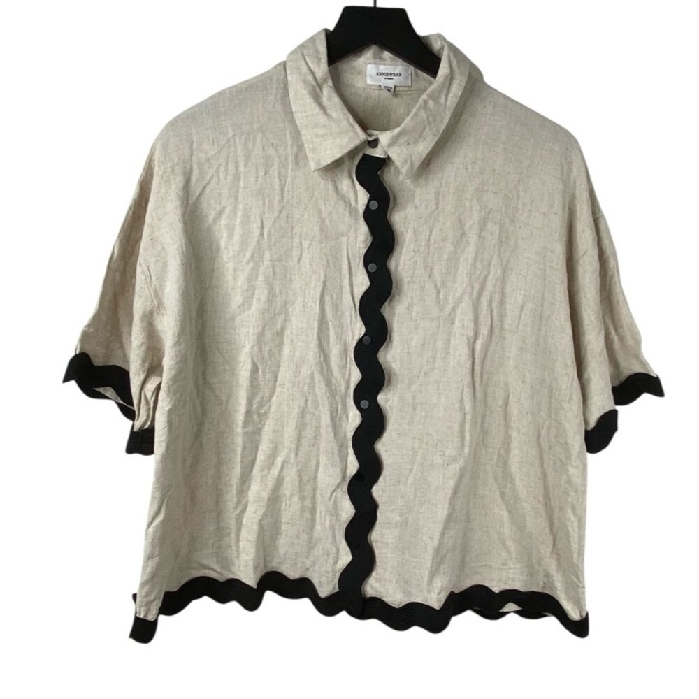 Anniewear Women's Rick Rack Trim Boxy Snaps Top Beige Size M Boho Lagenlook